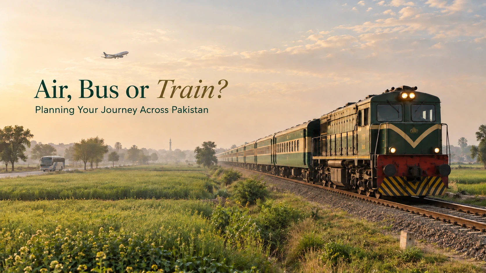 Air, Bus or Train? Planning Your Journey Across Pakistan. A green passenger train crosses farmland, with a coach and aircraft in the distance.