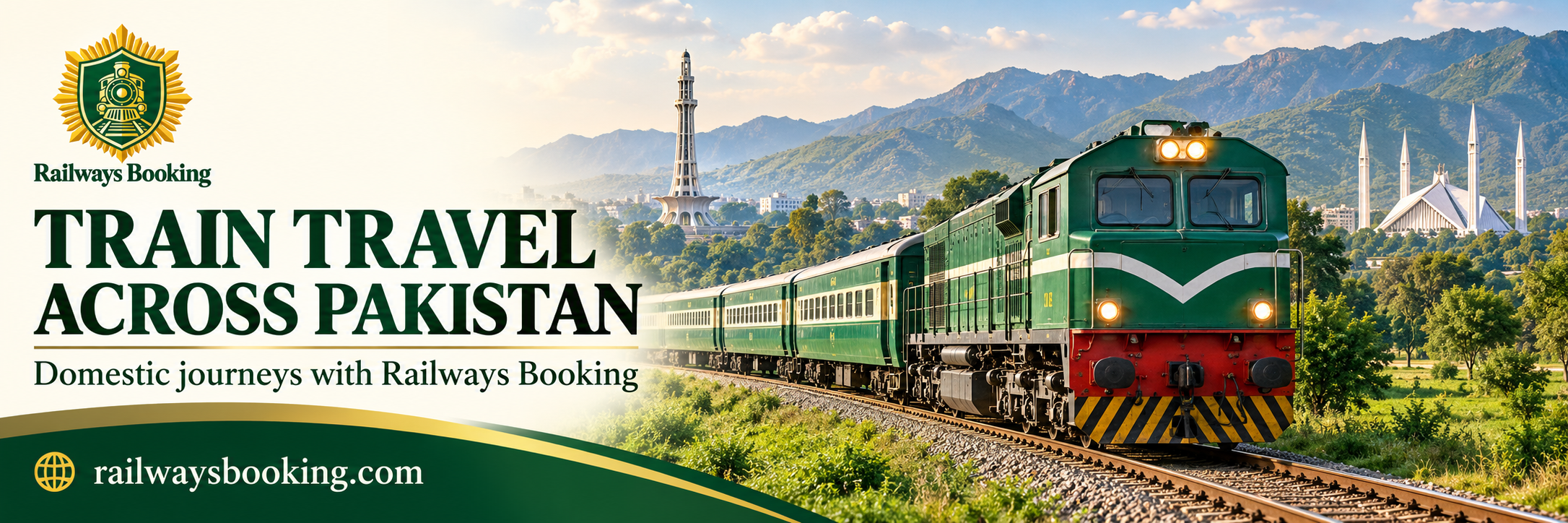 Railways Booking travel artwork showing a green passenger train in the countryside of Pakistan